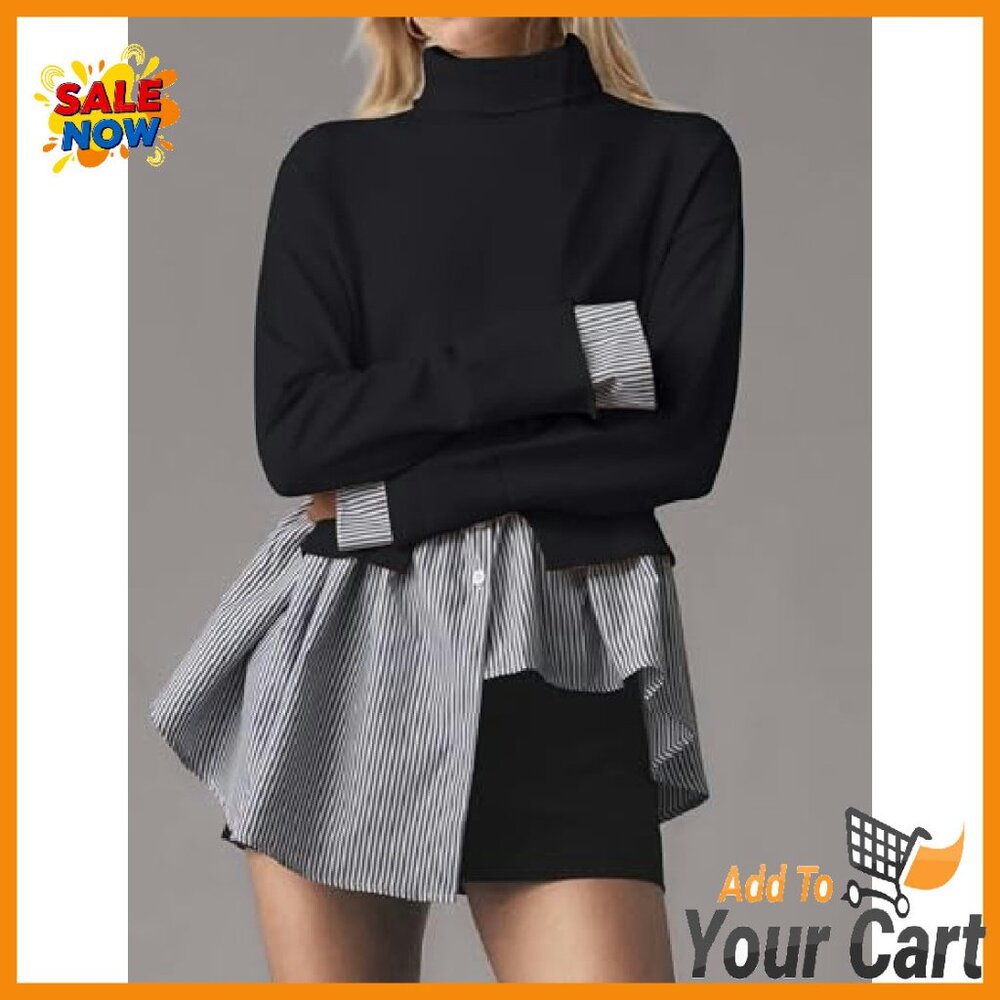 Turtleneck Patchwork Sweater Asymmetrical Hem Pul… - image 4